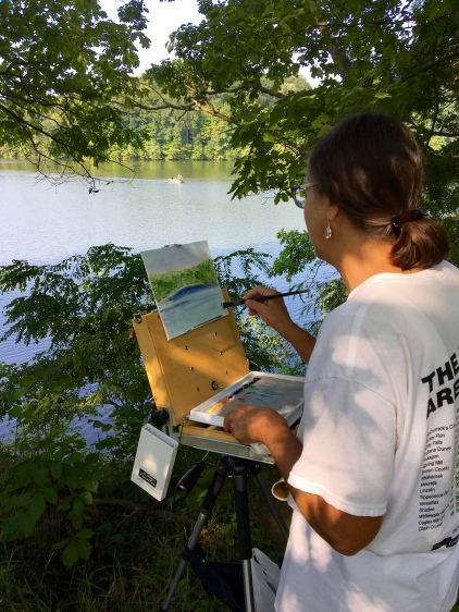 In the morning I found a perfect shady spot to paint on the banks of Whitewater Lake, which is part of the only state park in Indiana to be purchased by the citizens of neighboring counties in honor of those who served in WWII.